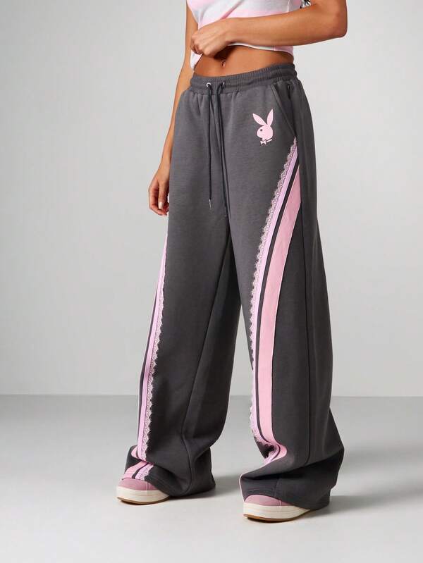 missguided Missguided x Playboy Wide Leg Drawstring Sweatpants With Lace Stripe Detail