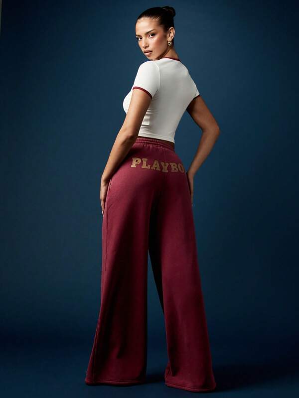 missguided Missguided x Playboy Wide Leg Flared Jogger Pants With Side Pockets