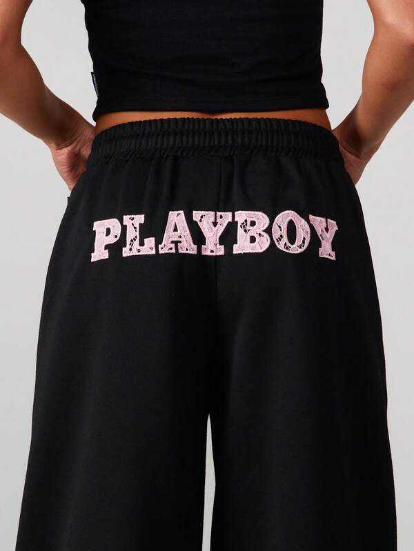Missguided Missguided X Playboy Wide Leg Fleece Joggers With Lace Applique