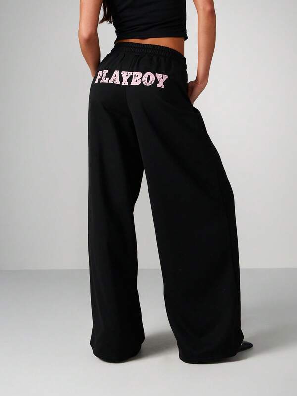 missguided Missguided x Playboy Wide Leg Fleece Joggers With Lace Applique
