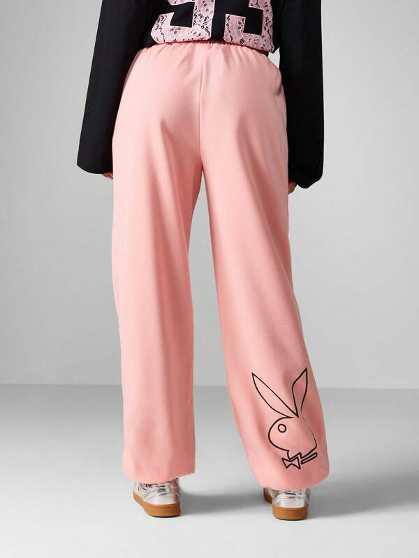Missguided Missguided X Playboy Wide Leg Fleece Pants With Bunny Logo And Script Design