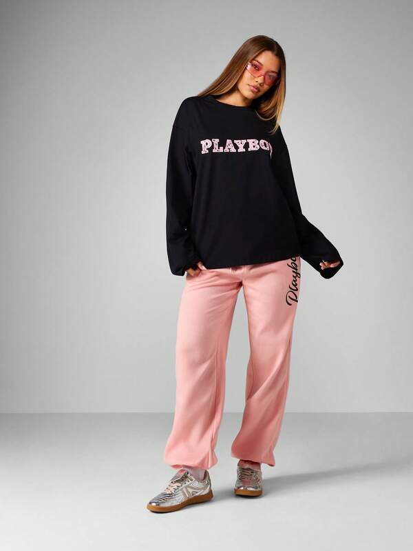 Missguided Missguided X Playboy Wide Leg Fleece Pants With Bunny Logo And Script Design