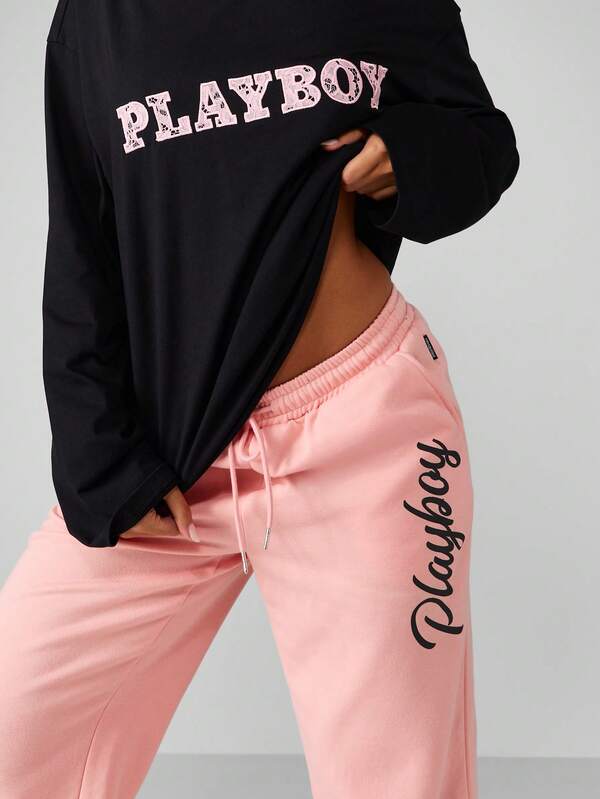 Missguided Missguided X Playboy Wide Leg Fleece Pants With Bunny Logo And Script Design