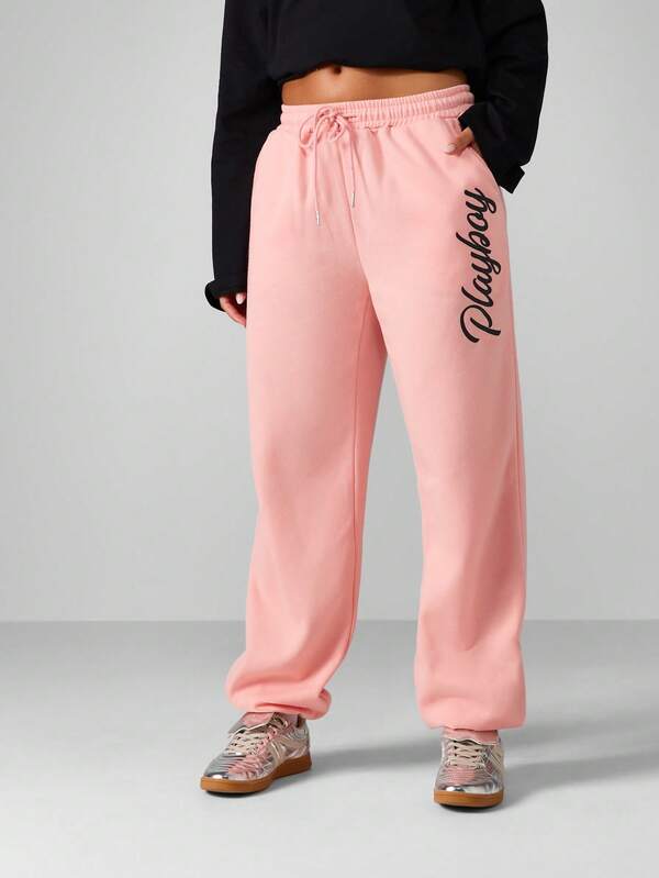 missguided Missguided x Playboy Wide Leg Fleece Pants With Bunny Logo And Script Design