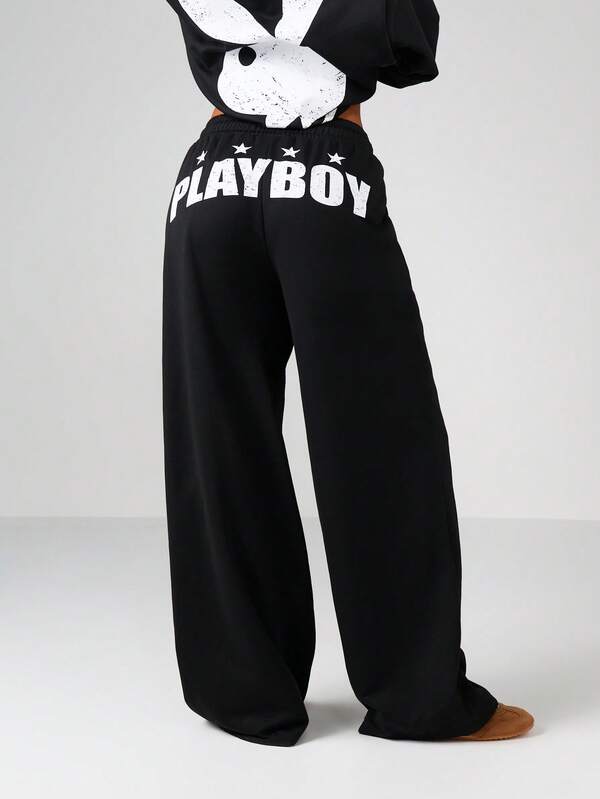 Missguided Missguided X Playboy Wide Leg Fleece Pants With Graphic Print