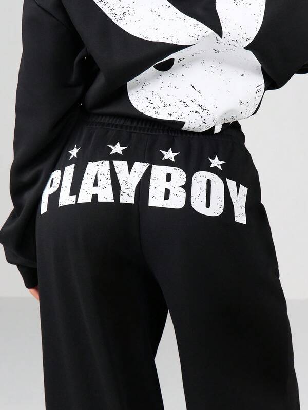 Missguided Missguided X Playboy Wide Leg Fleece Pants With Graphic Print