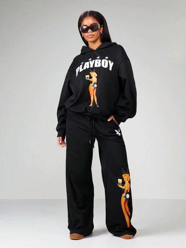 Missguided Missguided X Playboy Wide Leg Fleece Pants With Graphic Print