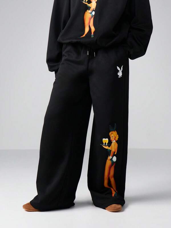missguided Missguided x Playboy Wide Leg Fleece Pants With Graphic Print