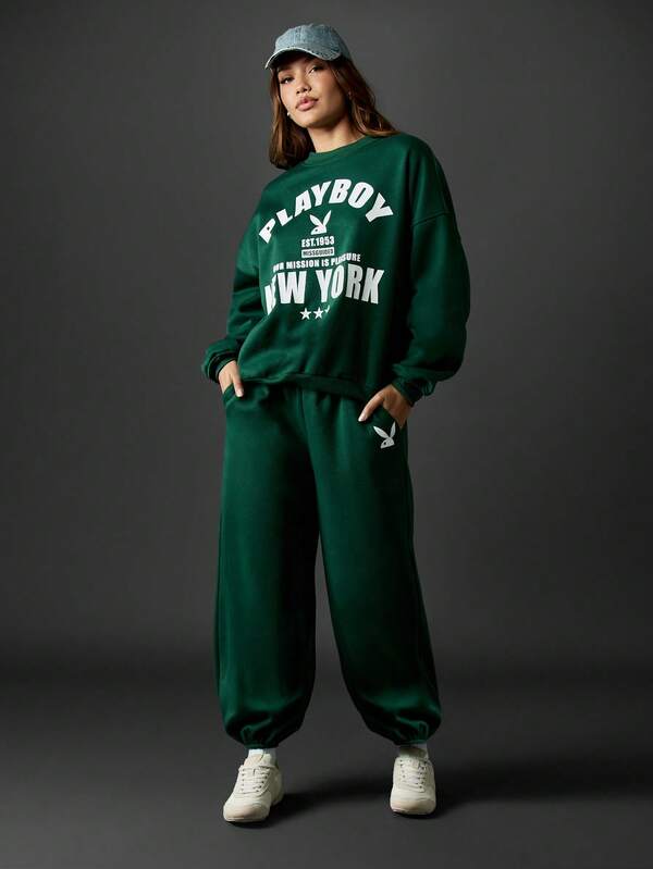 Missguided Missguided X Playboy Wide Leg Fleece Sweatpants With Bunny Logo