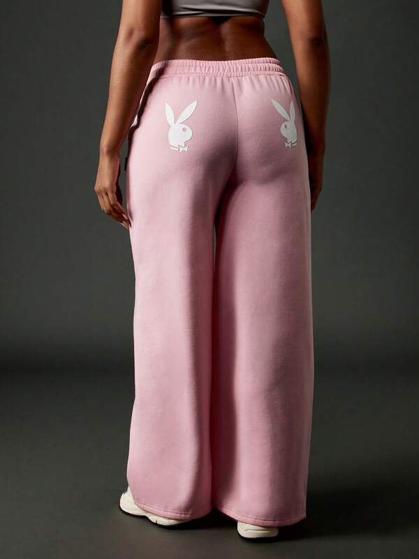 Missguided Missguided X Playboy Wide Leg Fleece Sweatpants With Elastic Waistband And Logo