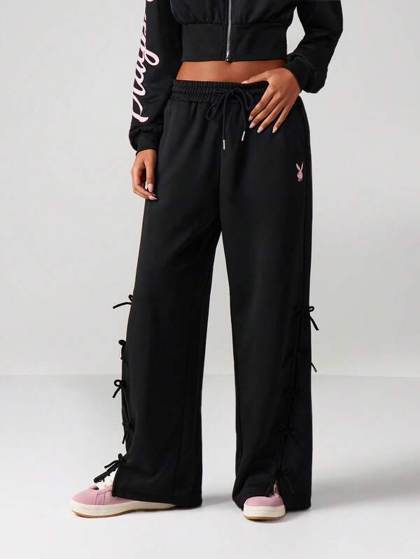 Missguided Missguided X Playboy Wide Leg Graphic Joggers With Lace Up Details