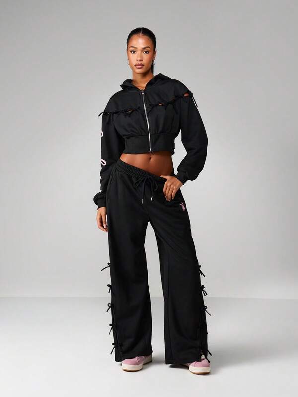 Missguided Missguided X Playboy Wide Leg Graphic Joggers With Lace Up Details