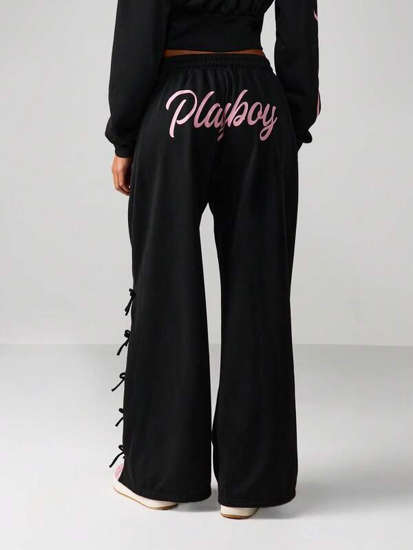 missguided Missguided x Playboy Wide Leg Graphic Joggers With Lace Up Details
