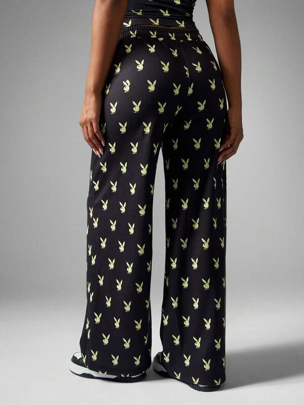 Missguided Missguided X Playboy Wide Leg Jogger Pants With Bunny Print