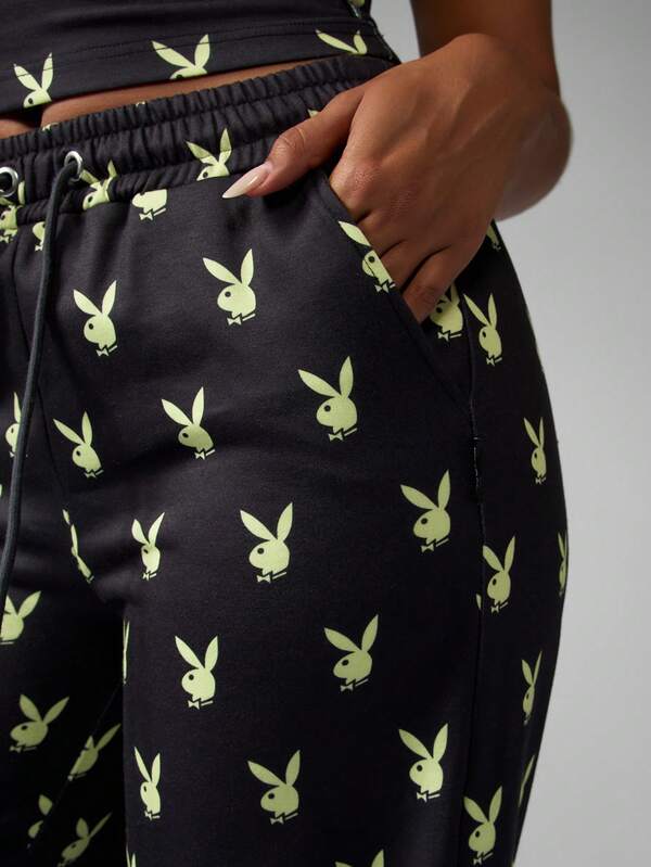 Missguided Missguided X Playboy Wide Leg Jogger Pants With Bunny Print