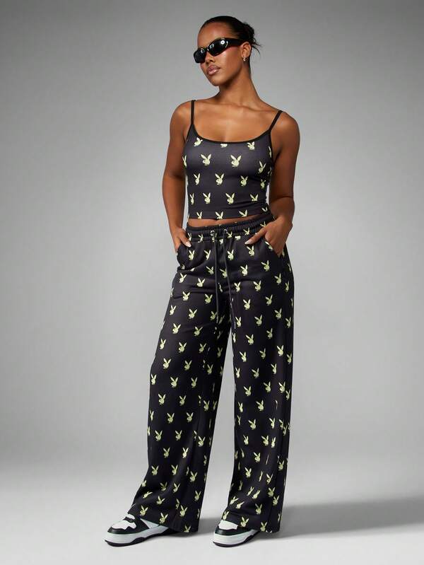 Missguided Missguided X Playboy Wide Leg Jogger Pants With Bunny Print