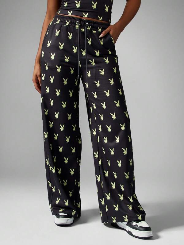 missguided Missguided x Playboy Wide Leg Jogger Pants With Bunny Print