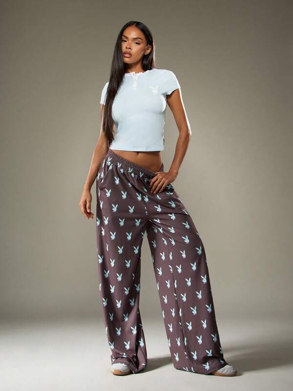 Missguided Missguided X Playboy Wide Leg Joggers With Bunny Print