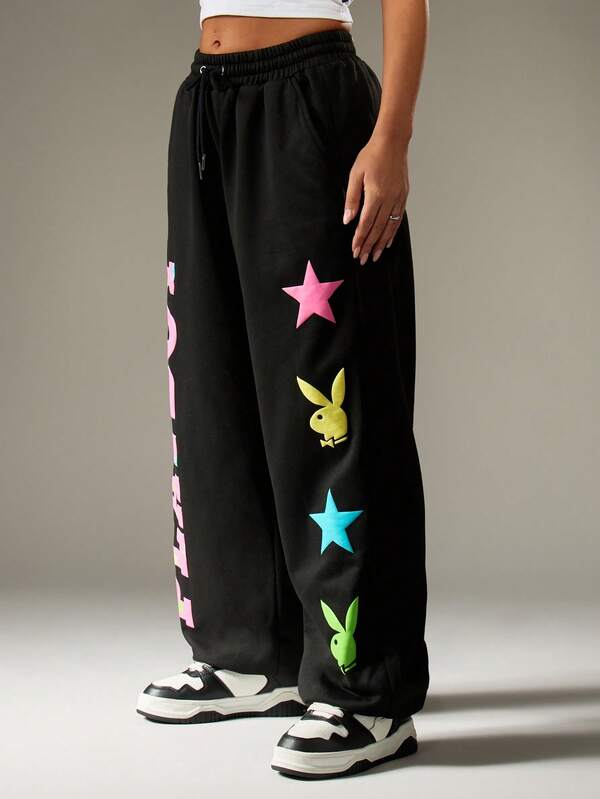 Missguided Missguided X Playboy Wide Leg Joggers With Colorful Graphics