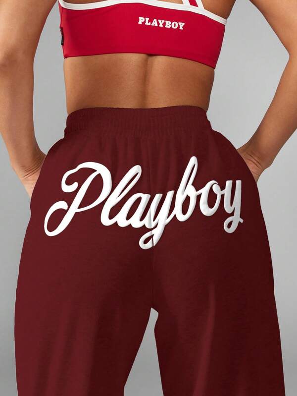 Missguided Missguided X Playboy Wide Leg Joggers With Drawstring And Logo Print