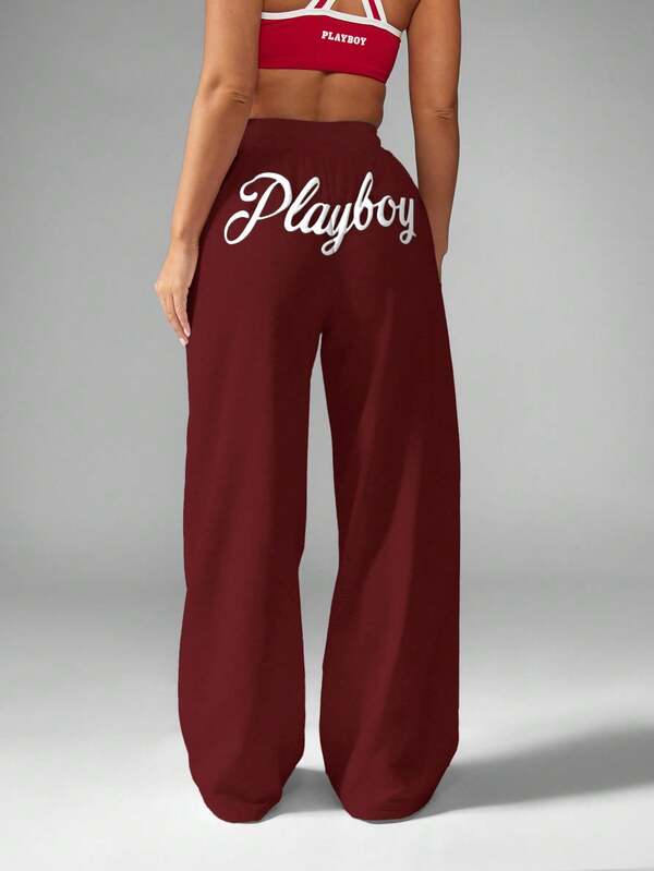 missguided Missguided x Playboy Wide Leg Joggers With Drawstring And Logo Print