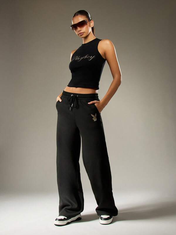 Missguided Missguided X Playboy Wide Leg Joggers With Glitter Script Logo