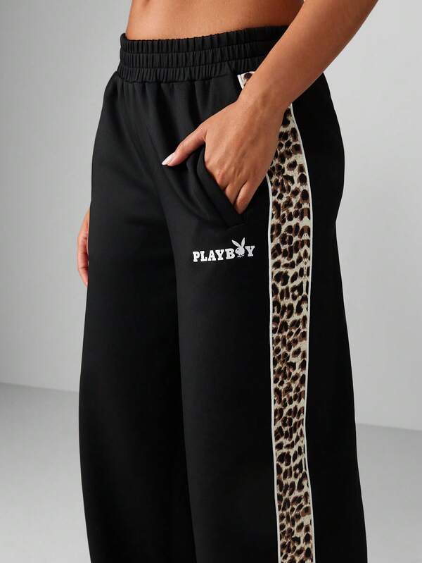 Missguided Missguided X Playboy Wide Leg Joggers With Leopard Print Stripe