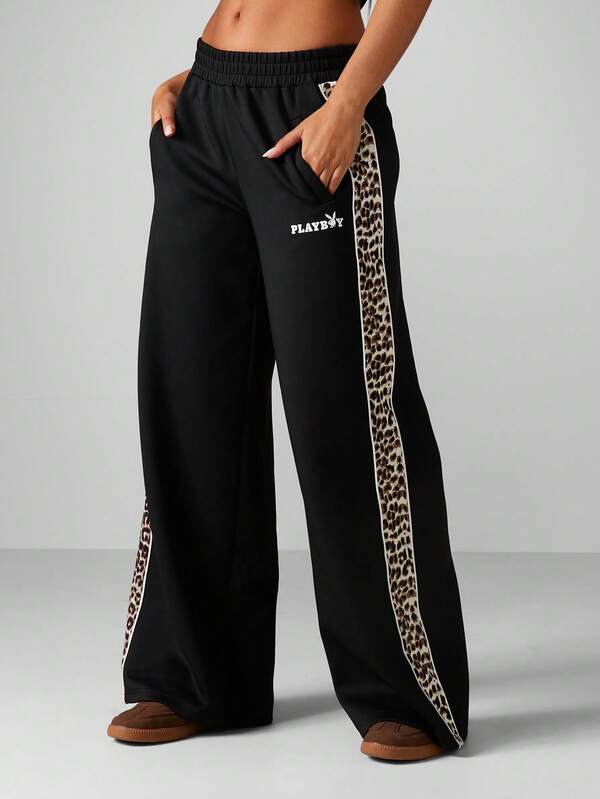 missguided Missguided x Playboy Wide Leg Joggers With Leopard Print Stripe