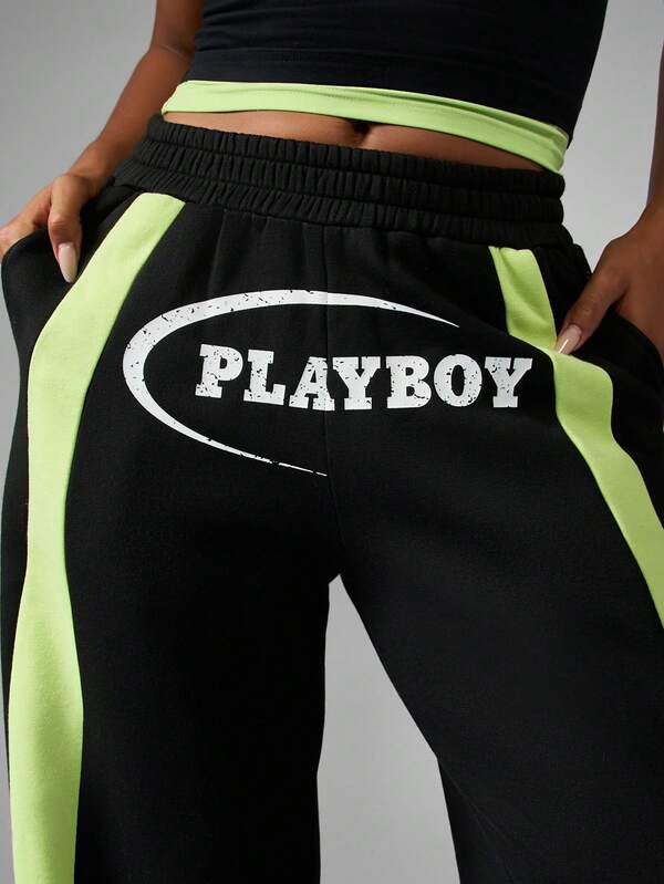 Missguided Missguided X Playboy Wide Leg Joggers With Neon Side Panels