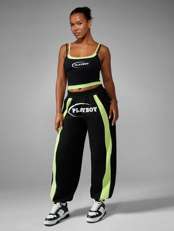 Missguided Missguided X Playboy Wide Leg Joggers With Neon Side Panels