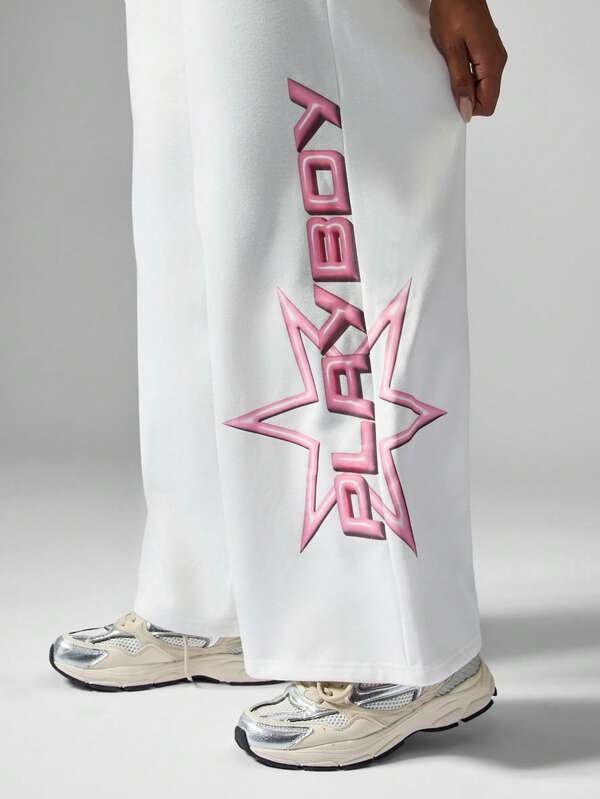 Missguided Missguided X Playboy Wide Leg Joggers With Pink Star Logo Design