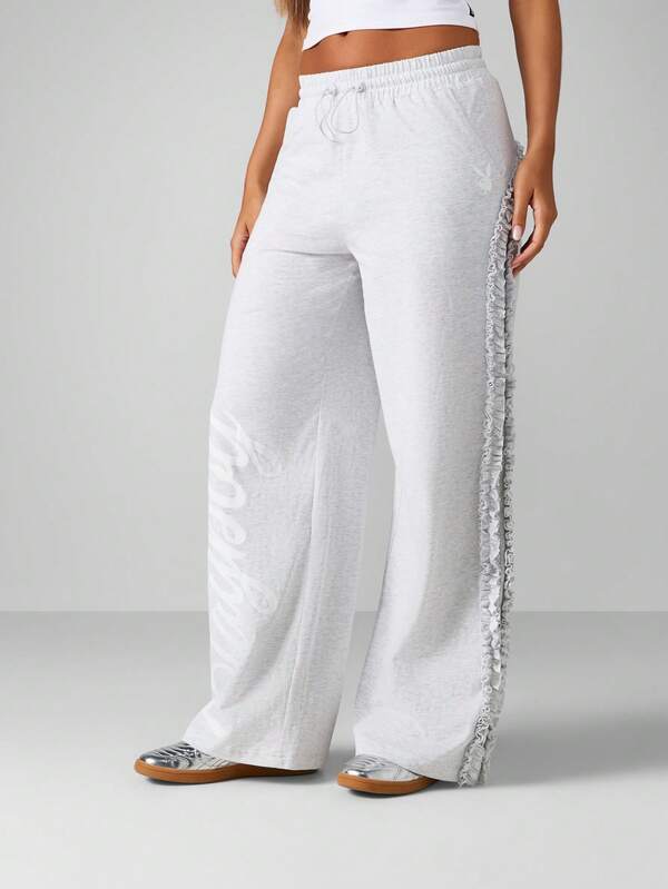 Missguided Missguided X Playboy Wide Leg Joggers With Ruffle Side Detail