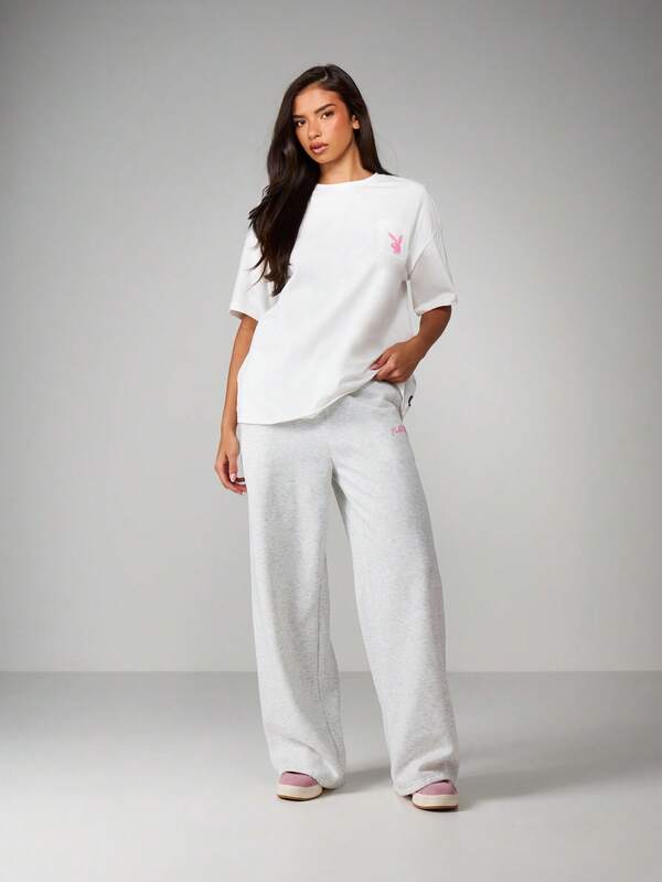 Missguided Missguided X Playboy Wide Leg Joggers With Sports Club Print