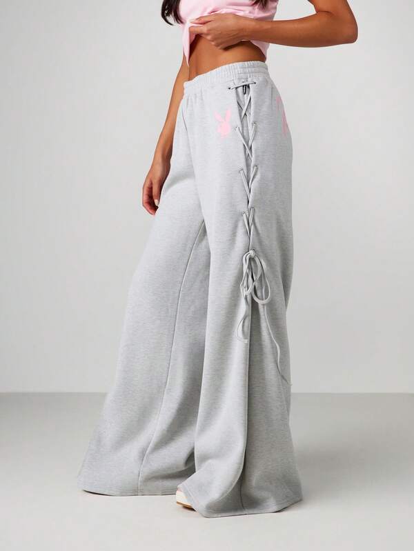 missguided Missguided x Playboy Wide Leg Lace Up Sweatpants