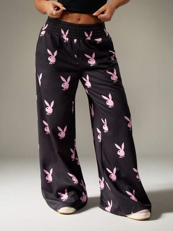 Missguided Missguided X Playboy Wide Leg Pajama Pants With Bunny Print
