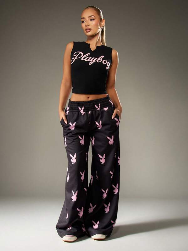 Missguided Missguided X Playboy Wide Leg Pajama Pants With Bunny Print