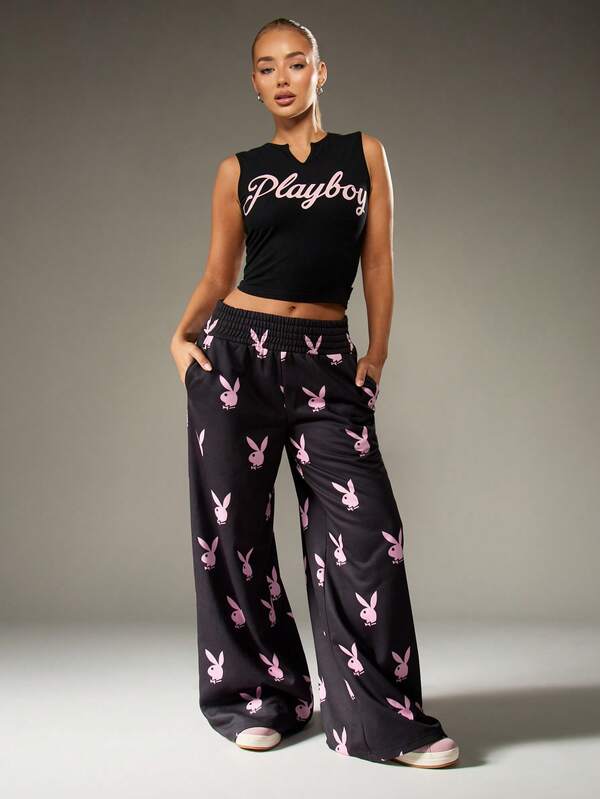 missguided Missguided x Playboy Wide Leg Pajama Pants With Bunny Print