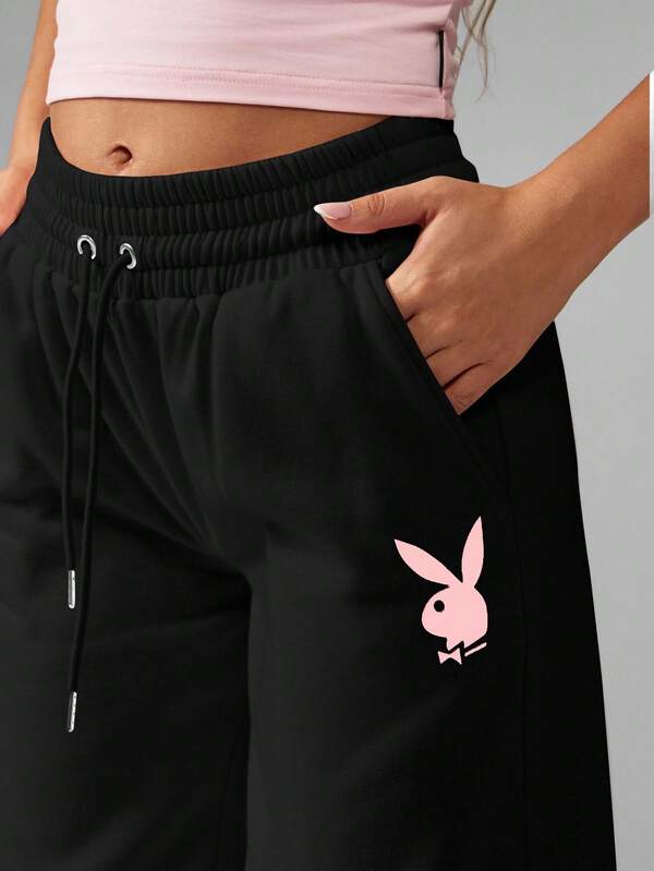 Missguided Missguided X Playboy Wide Leg Palazzo Pants With Drawstring And Logo Print