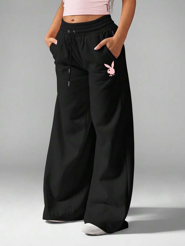 missguided Missguided x Playboy Wide Leg Palazzo Pants With Drawstring And Logo Print