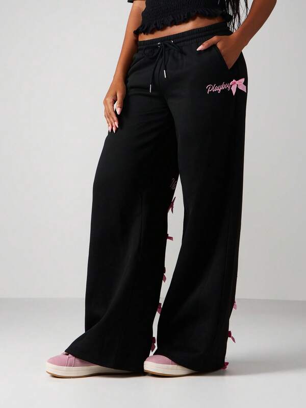 Missguided Missguided X Playboy Wide Leg Sweatpants With Bow Details