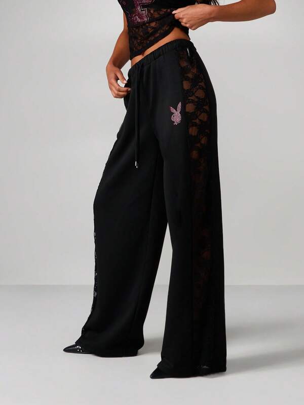 Missguided Missguided X Playboy Wide Leg Sweatpants With Lace Panels