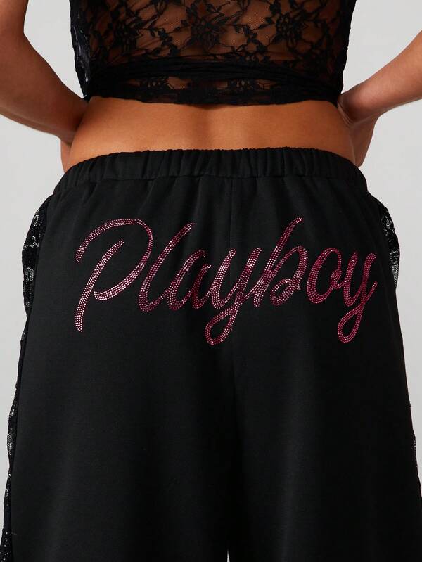 Missguided Missguided X Playboy Wide Leg Sweatpants With Lace Panels