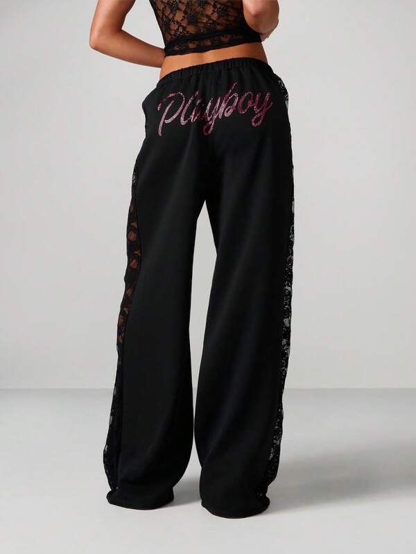 missguided Missguided x Playboy Wide Leg Sweatpants With Lace Panels