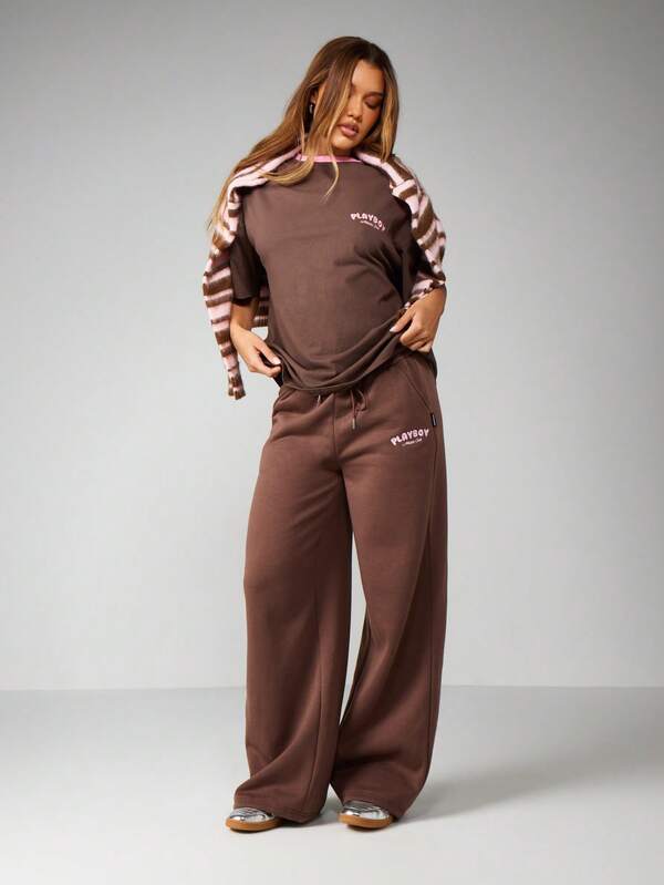 Missguided Missguided X Playboy Wide Leg Sweatpants With Logo Print