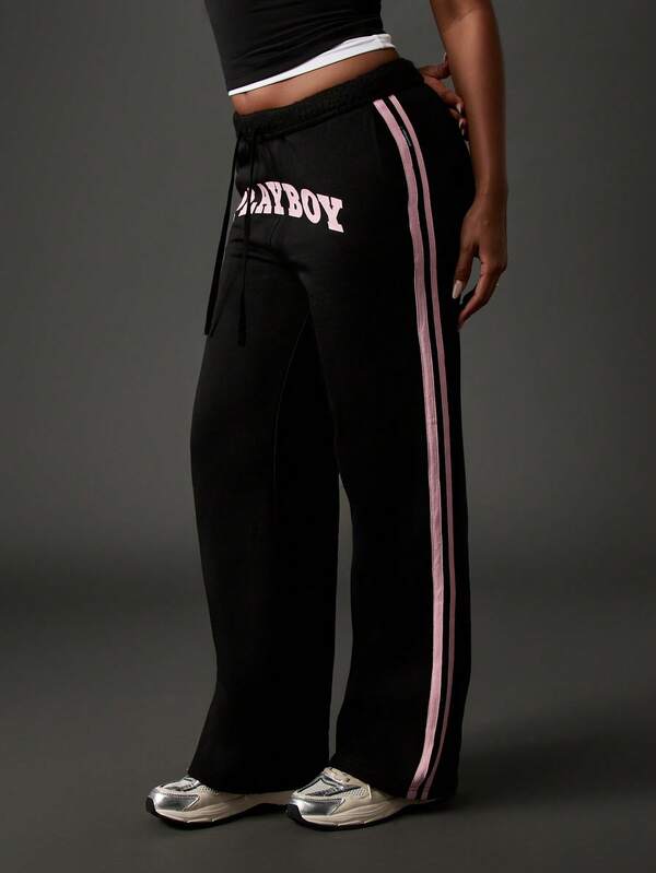 Missguided Missguided X Playboy Wide Leg Sweatpants With Pink Side Stripes And Logo
