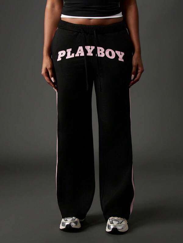 missguided Missguided x Playboy Wide Leg Sweatpants With Pink Side Stripes And Logo