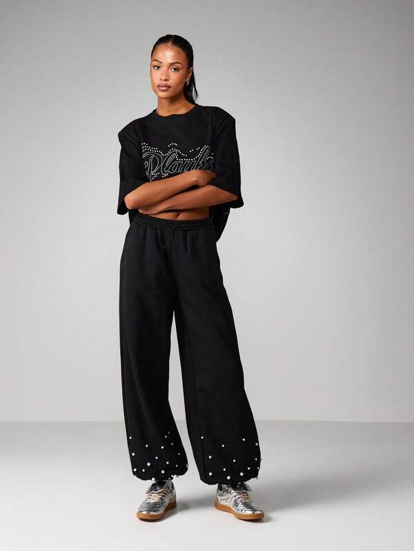 Missguided Missguided X Playboy Wide Leg Sweatpants With Rhinestone Text