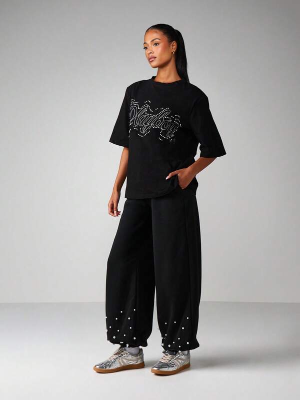 Missguided Missguided X Playboy Wide Leg Sweatpants With Rhinestone Text