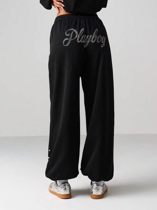 missguided Missguided x Playboy Wide Leg Sweatpants With Rhinestone Text