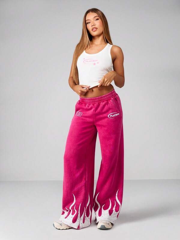 Missguided Missguided X Playboy Wide Leg Sweatpants With White Flame Print Design